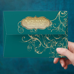 Emerald Heart Leaf Tree Gold Swirl Wedding Envelope