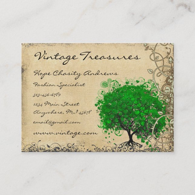 Emerald Heart Leaf Tree Swirl Business Card (Front)