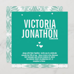 Emerald Heart Modern Floral Typography Wedding Invitation