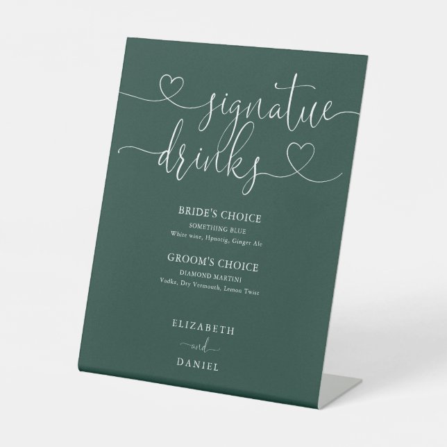 Emerald Heart Script Wedding Signature Drinks Pedestal Sign (Front)