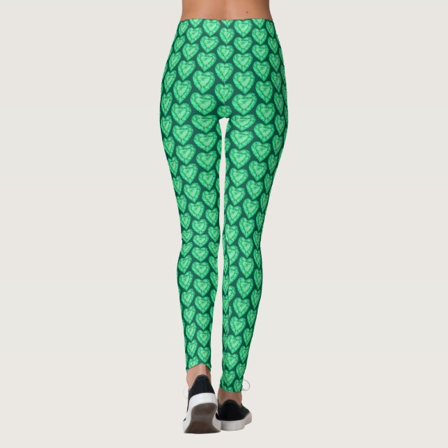 Emerald heart watercolor green art leggings (Back)