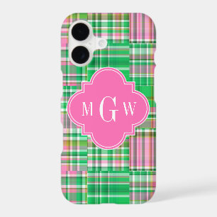 Emerald Hot Pink Preppy Patchwork Madras Monogram