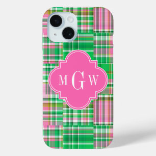 Emerald Hot Pink Preppy Patchwork Madras Monogram iPhone 15 Case