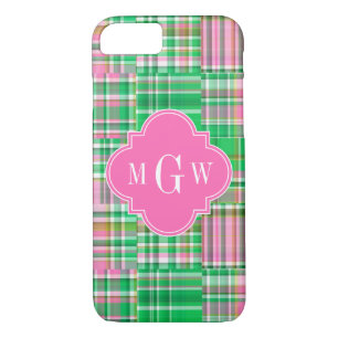 Emerald Hot Pink Preppy Patchwork Madras Monogram iPhone 8/7 Case