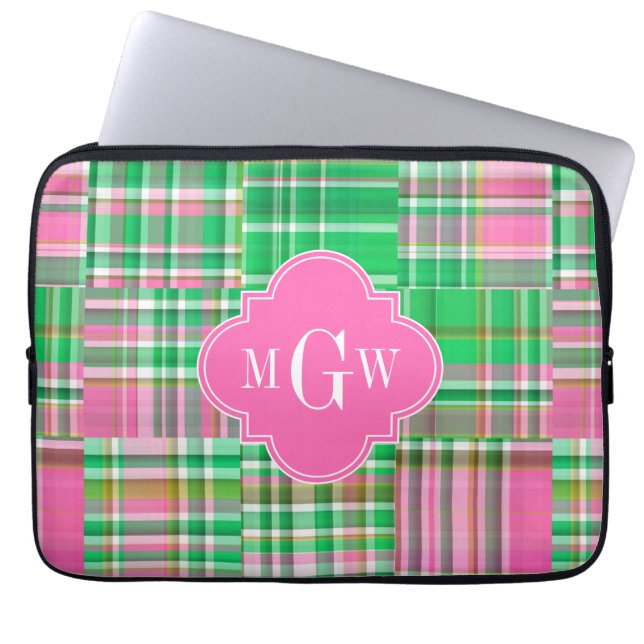 Emerald Hot Pink Preppy Patchwork Madras Monogram Laptop Sleeve (Front)