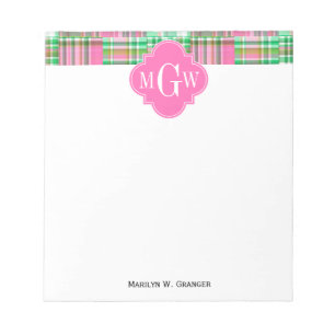 Emerald Hot Pink Preppy Patchwork Madras Monogram Notepad