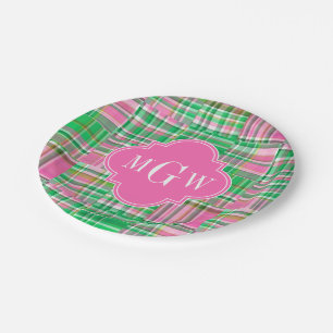 Emerald Hot Pink Preppy Patchwork Madras Monogram Paper Plate