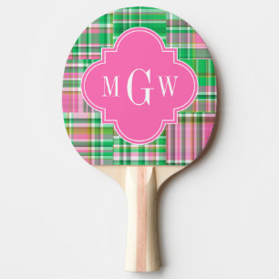 Emerald Hot Pink Preppy Patchwork Madras Monogram Ping Pong Paddle