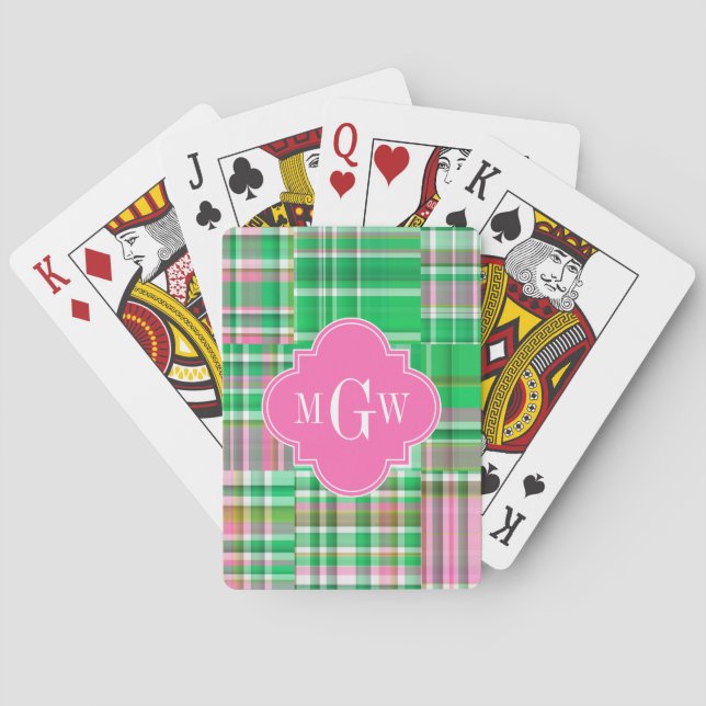 Emerald Hot Pink Preppy Patchwork Madras Monogram Playing Cards (Back)