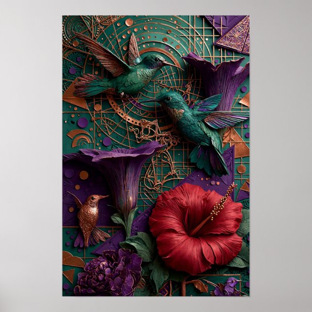 Emerald Hummingbird Paradise Relief - 3D Copper  Poster (Front)