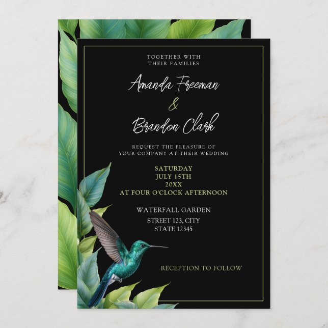 Emerald Hummingbird Tropical Leaves Wedding Invitation (Front/Back)