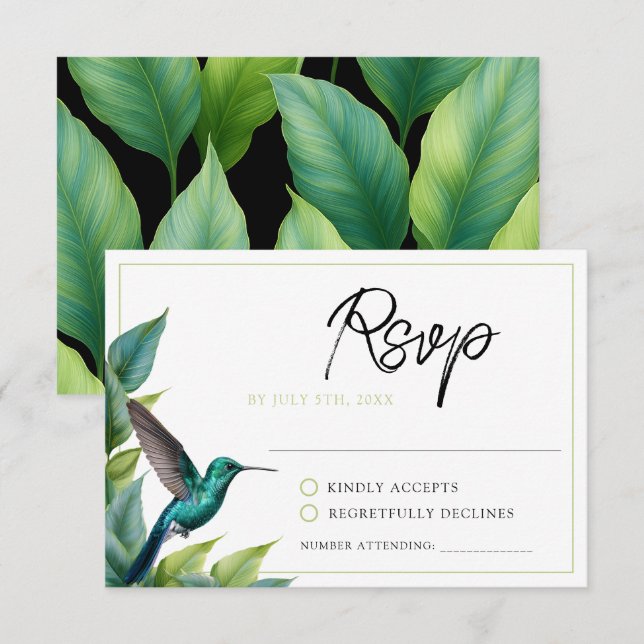 Emerald Hummingbird Tropical Leaves Wedding RSVP Card (Front/Back)