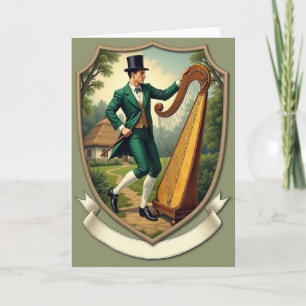 Emerald Irish Man Harp Scene Card