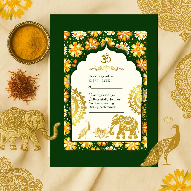 Emerald ivory Marigold Hindu Wedding  RSVP Card (Creator Uploaded)