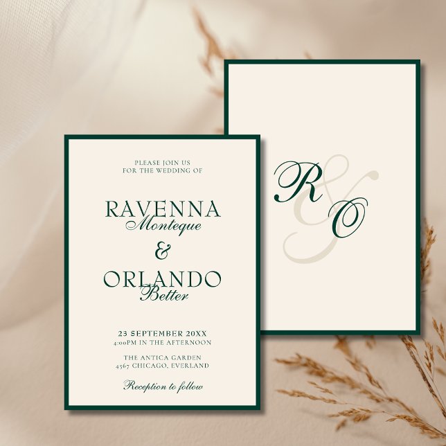 Emerald Ivory Monogram Glam Old Money Wedding Invitation (Creator Uploaded)