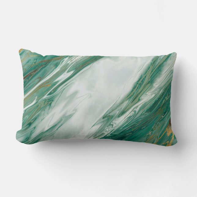 Emerald Jade Green Gold Accented Painted Marble Lumbar Cushion (Front)