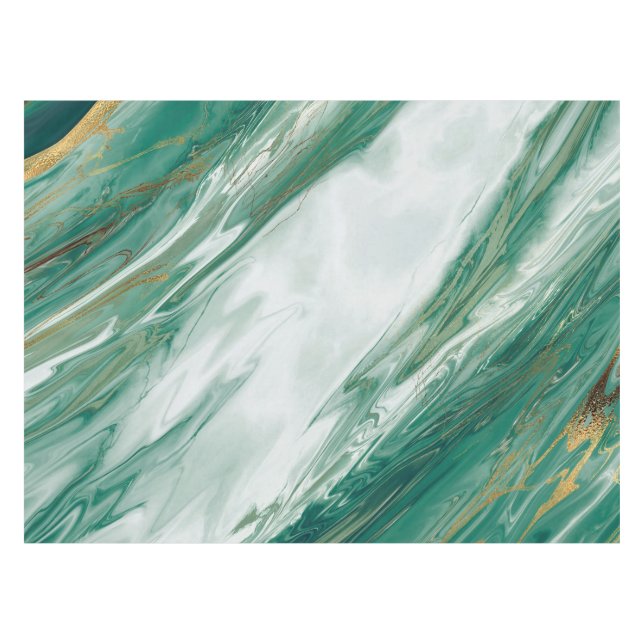 Emerald Jade Green Gold Accented Painted Marble Tablecloth (Front (Horizontal))