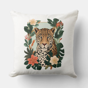 Emerald Jaguar Tropical Botanical Throw Pillow