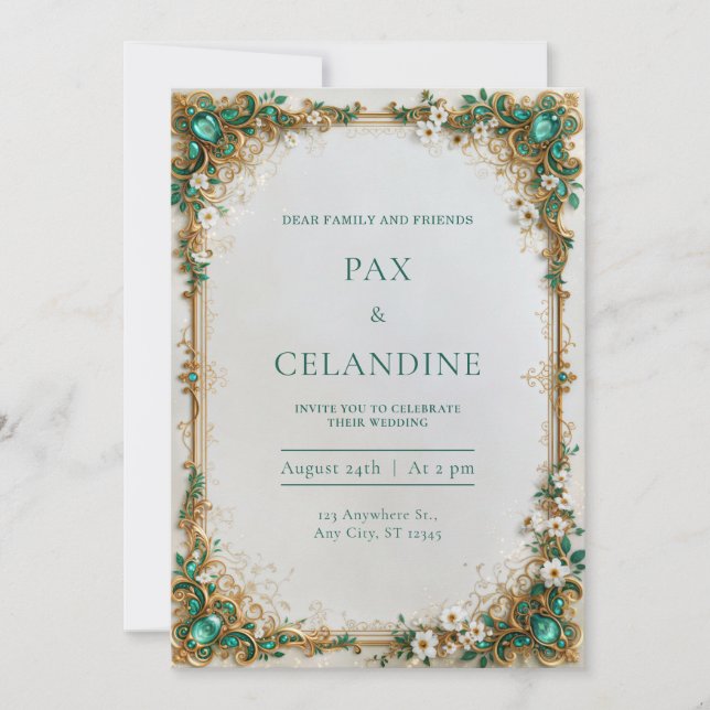 Emerald Jewel Gilded Floral Frame Wedding Invitation (Front)