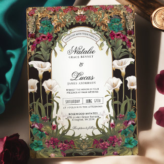 Emerald Jewel Tone Floral Art Nouveau Wedding Invitation
