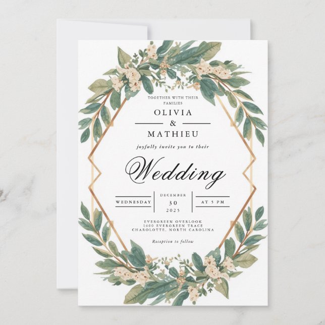 Emerald Leaf Geometric Arch Wedding Invitation (Front)