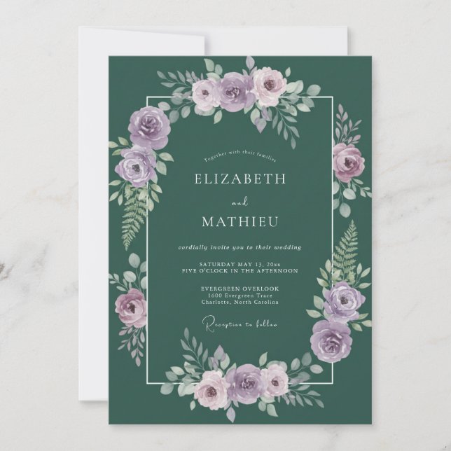 Emerald Lilac Ranunculus Eucalyptus Wedding Invitation (Front)
