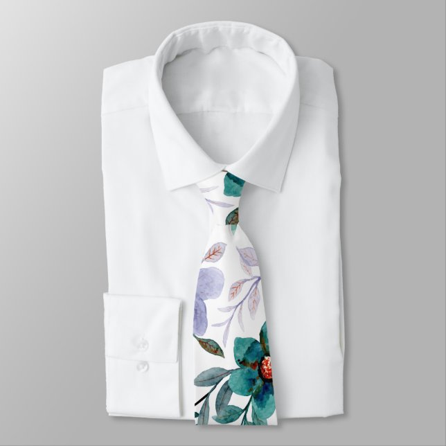 Emerald Lilac Watercolor Floral Pattern Tie (Tied)