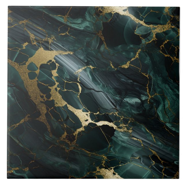 Emerald Marble, Dark Aquamarine, Gold Detail Tile (Front)