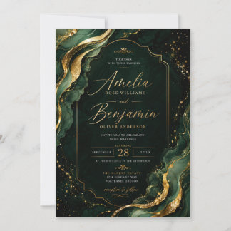 Emerald Marble & Gold Luxury Wedding Invitation