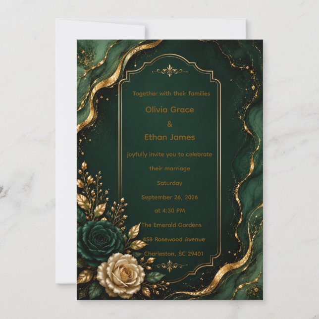 Emerald Marble & Gold Luxury Wedding Invitation (Front)