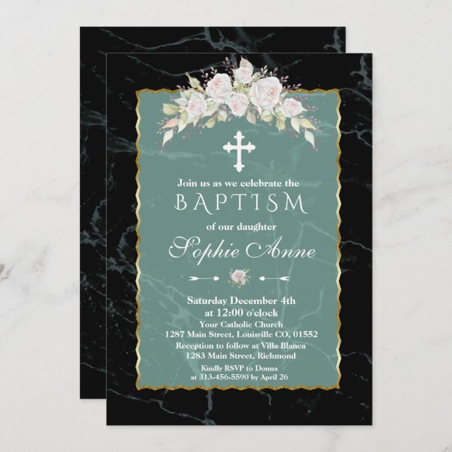 Emerald Marble White Roses Gold Frame Baptism Invitation (Front/Back)