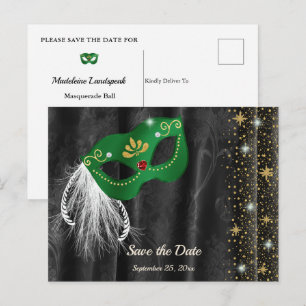Emerald Masquerade Black Damask Save the Date Postcard