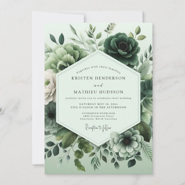 Emerald Monochromatic Bloom Wedding Invitation (Front)