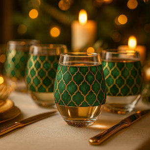Emerald Moroccan Pattern – Luxury Style Stemless Wine Glass