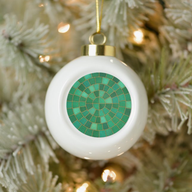 Emerald Mosaic Circle Pattern Art Ceramic Ball Christmas Ornament (Tree)