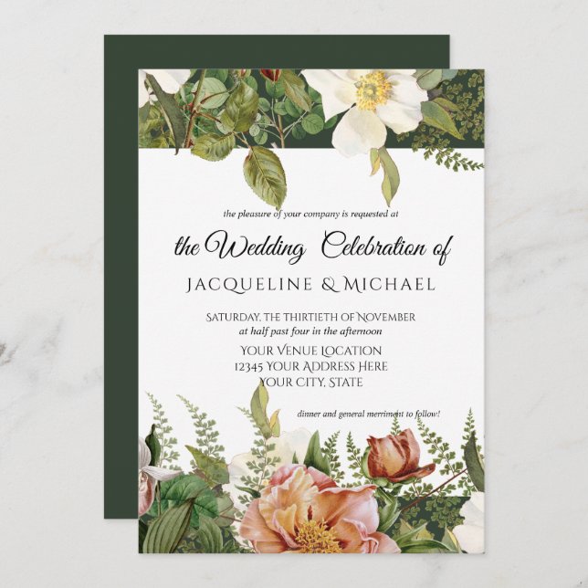 Emerald n Blush Floral Ivory Peony Rose Wedding Invitation (Front/Back)
