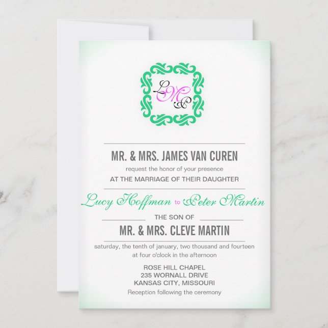 Emerald n Hot pink monogram pattern wedding invite (Front)