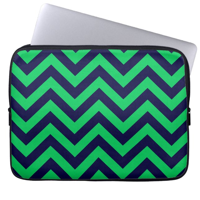 Emerald, Navy Blue Large Chevron ZigZag Pattern Laptop Sleeve (Front)