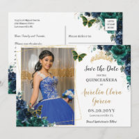 Emerald Navy Floral Quinceañera Pic Save the Date