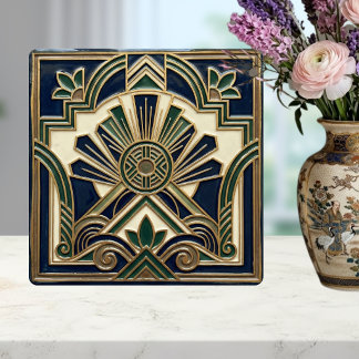 Emerald Navy Gold Art Deco Sun Rays Geometric Tile