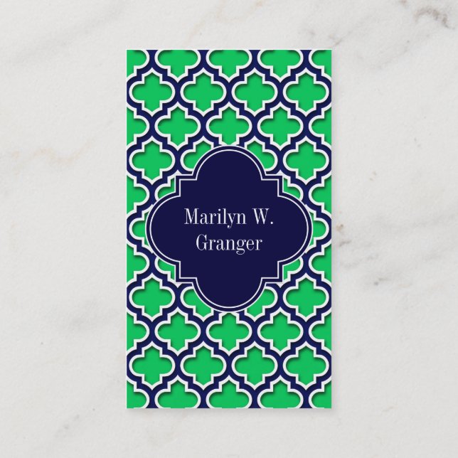 Emerald Navy Moroccan #5DS Navy Name Monogram Business Card (Back)