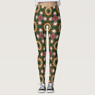 Emerald Orange Art Deco Floral Pattern Leggings