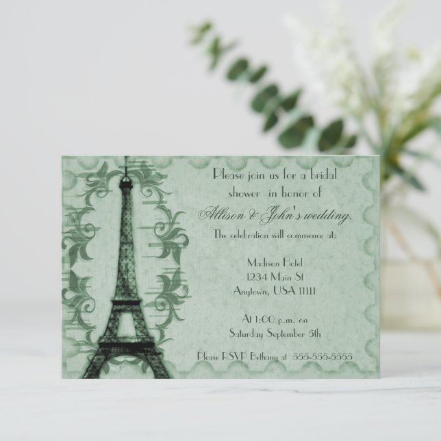 Emerald Paris Grunge Bridal Shower Invitation (Standing Front)