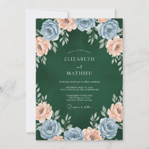 Emerald Peach Blue Floral Watercolor Wedding Invitation