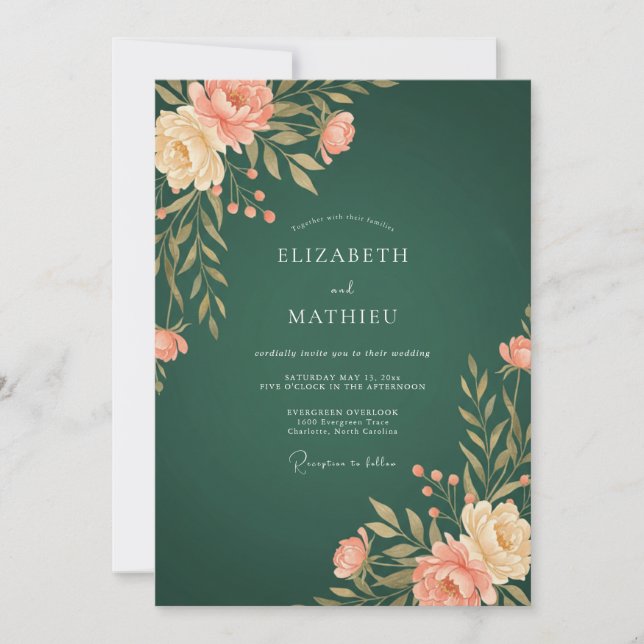 Emerald Peach Botanical Wedding Invitation (Front)
