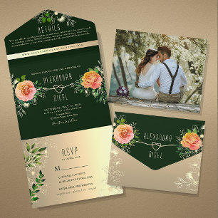 Emerald Peach Rose Floral Wedding All In One Invitation