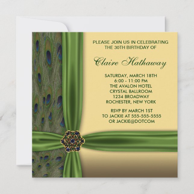 Emerald Peacock Gold 30th Birthday Invitation (Front)