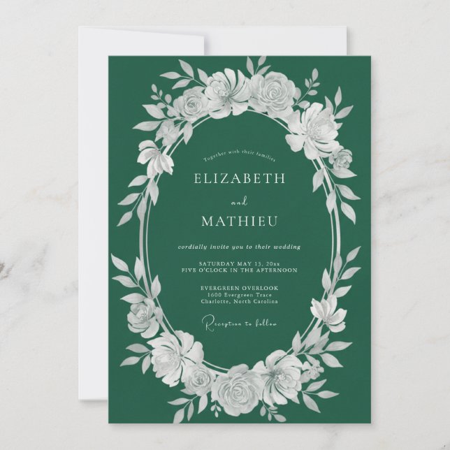 Emerald Peony Wreath Wedding Invitation (Front)