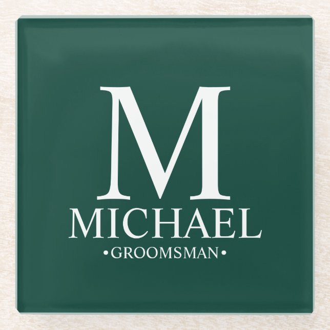 Emerald Personalised Monogram and Name Groomsman Glass Coaster (Front)
