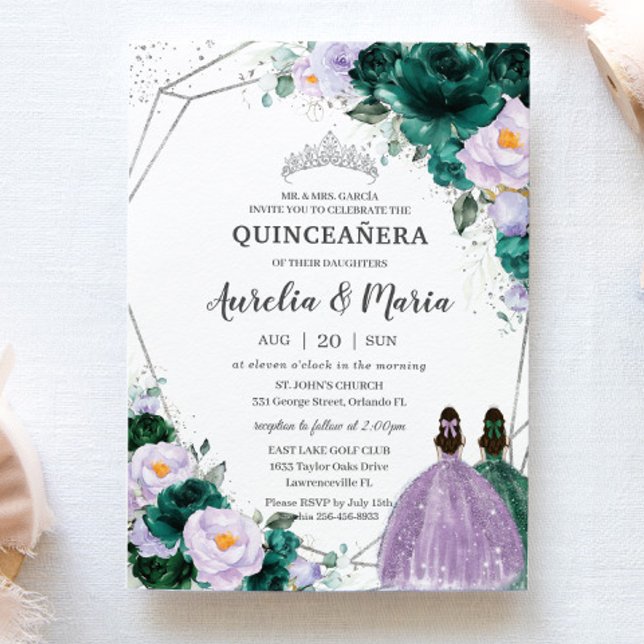Emerald Purple Floral Twins Quinceañera Silver Invitation (Creator Uploaded)